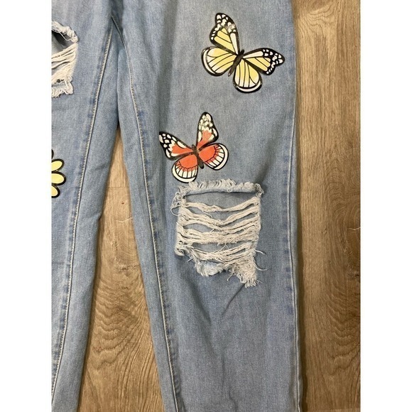 Shein Curve Pants Distressed Denim‎ Blue Ripped Knees Flower Butterfly Pockets - Picture 7 of 9